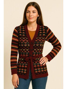 vintage 70s COLORFUL BELTED CARDIGAN sweater acrylic colorful academic SMALL